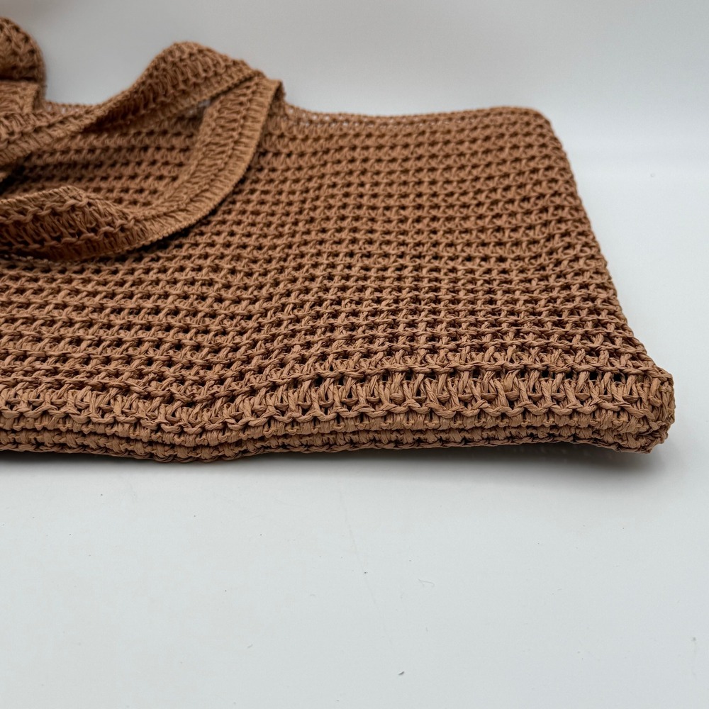 Burberry Woven Raffia Tote Bag Brown Tan Leather Logo Patch Shopper Beach Bag - Picture 4 of 9